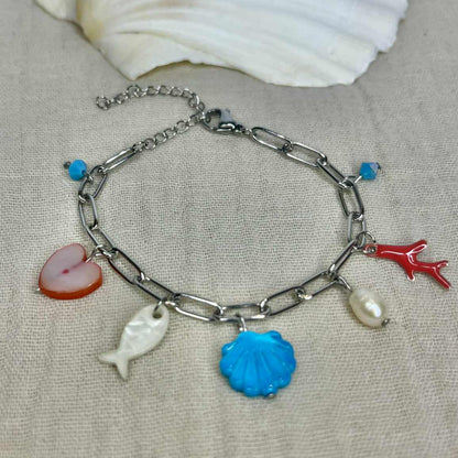Bracelet argenté bleu, corail