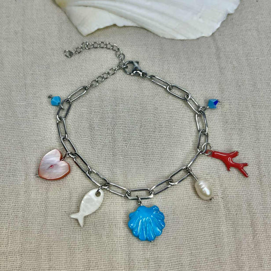 Bracelet argenté bleu, corail